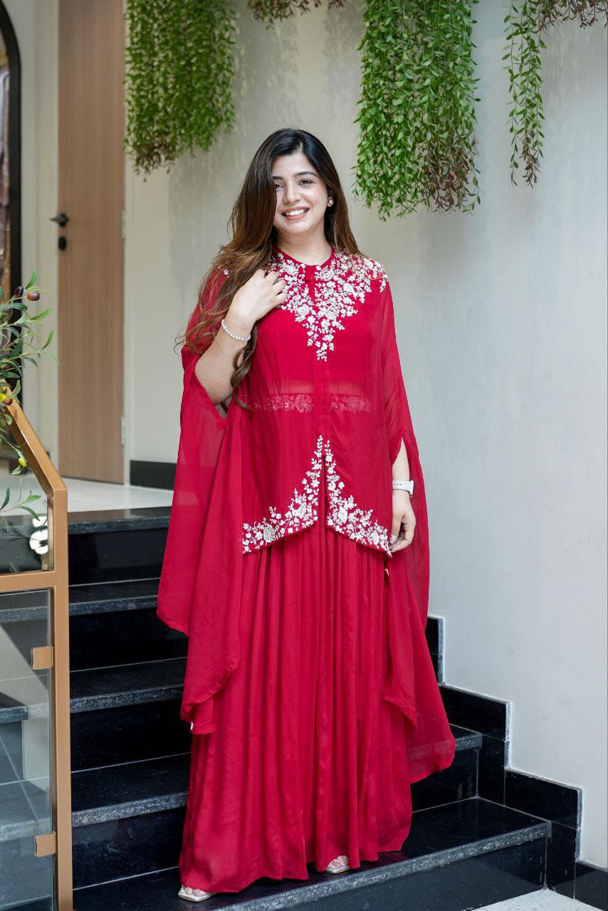 Elegant Red Georgette 3-Piece Set with Multi-Thread Embroidery