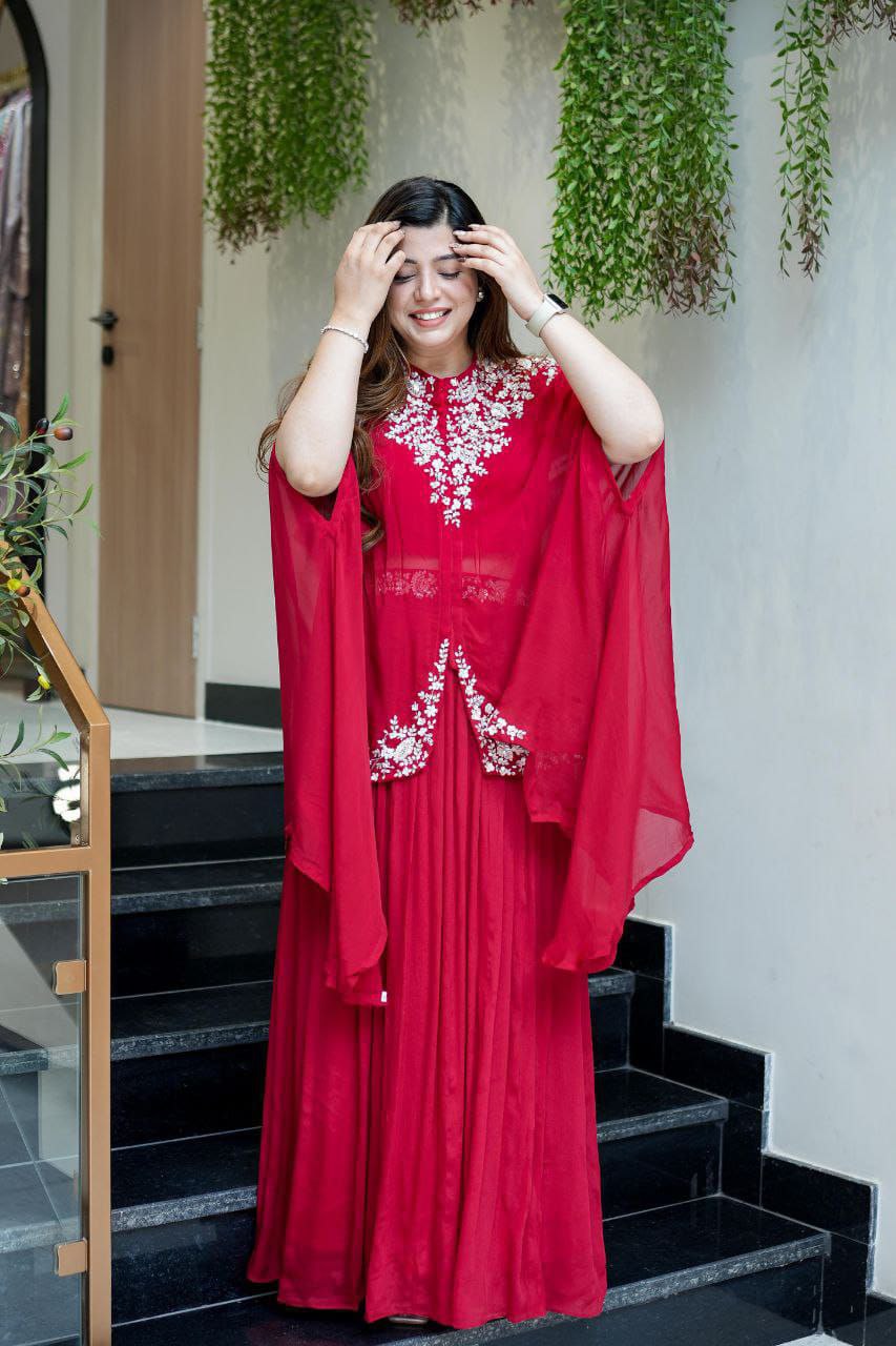 Elegant Red Georgette 3-Piece Set with Multi-Thread Embroidery