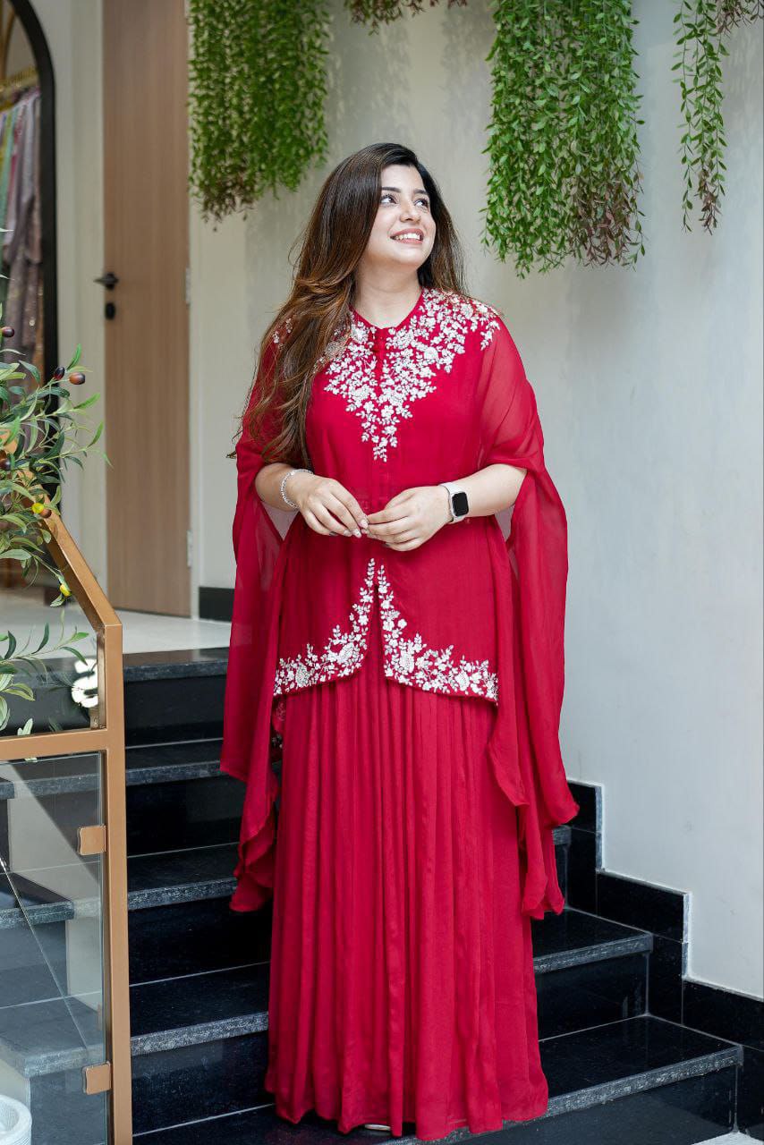 Elegant Red Georgette 3-Piece Set with Multi-Thread Embroidery