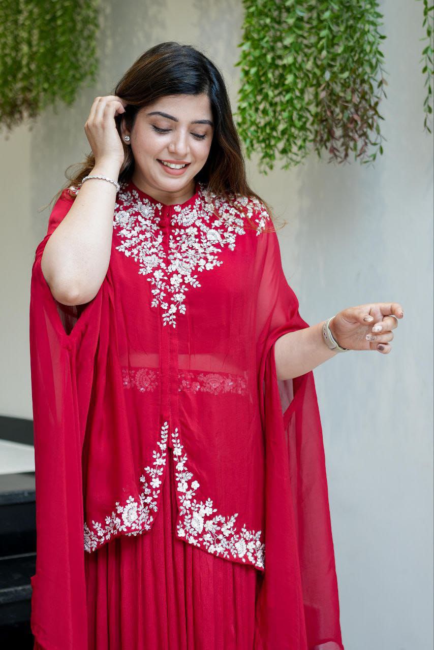 Elegant Red Georgette 3-Piece Set with Multi-Thread Embroidery