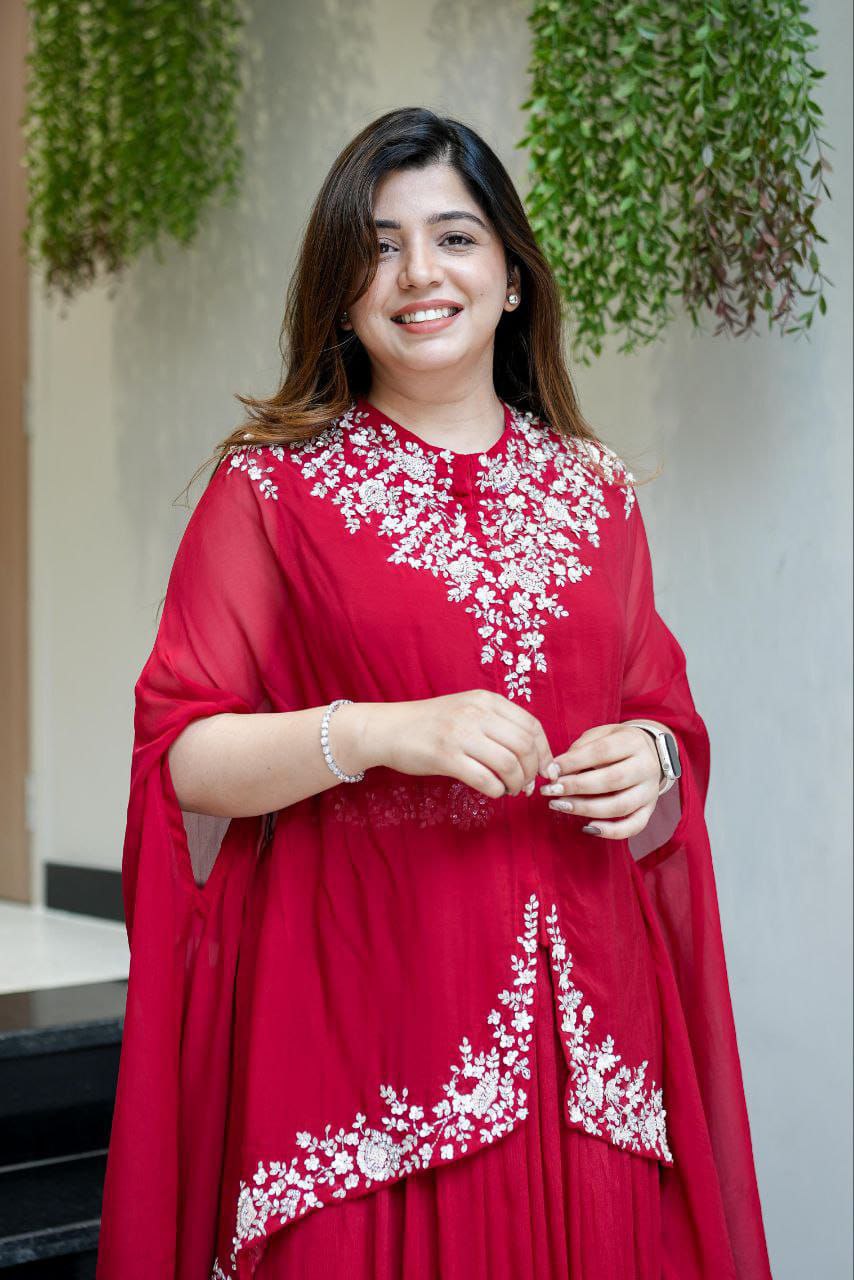 Elegant Red Georgette 3-Piece Set with Multi-Thread Embroidery