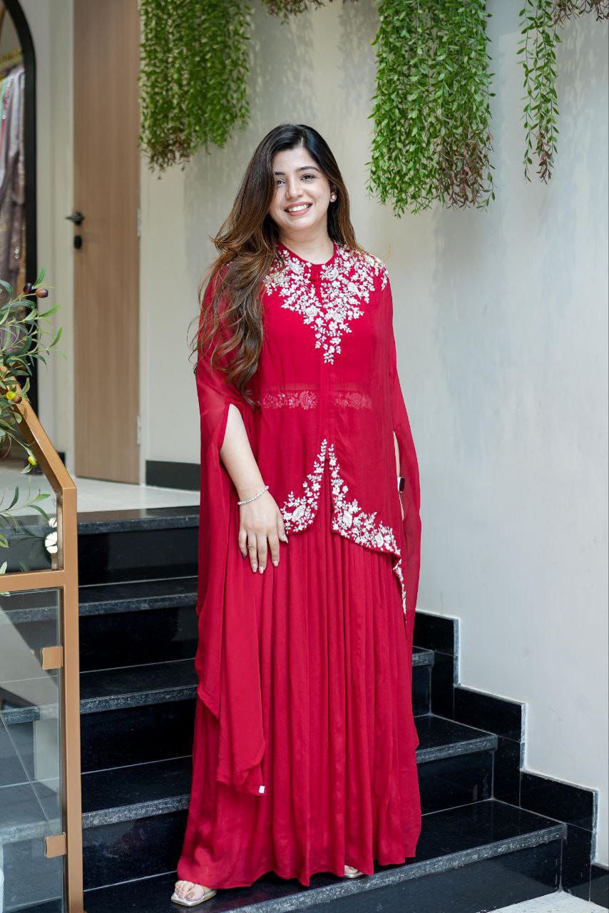 Elegant Red Georgette 3-Piece Set with Multi-Thread Embroidery