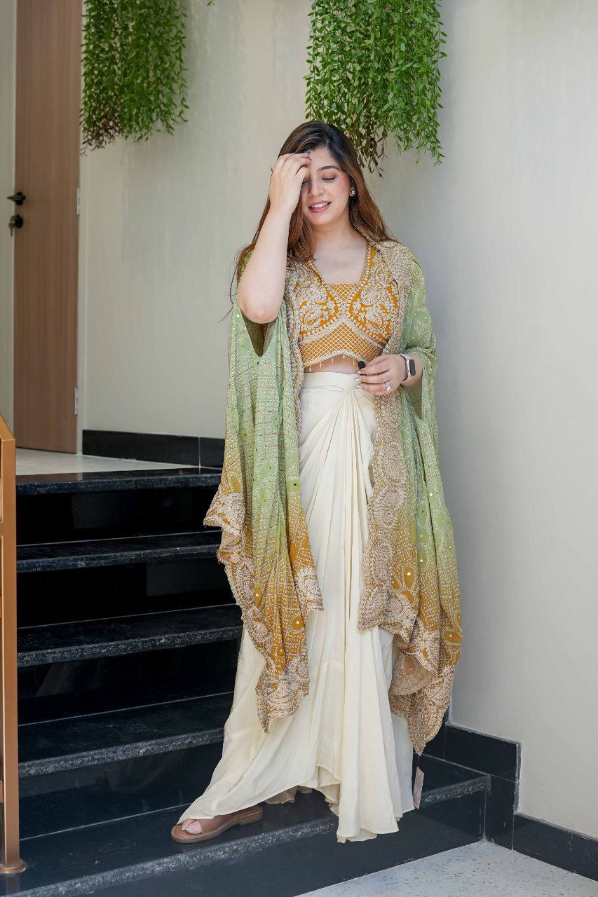 Festive Indo-Western Saree Gown Set with Dupatta
