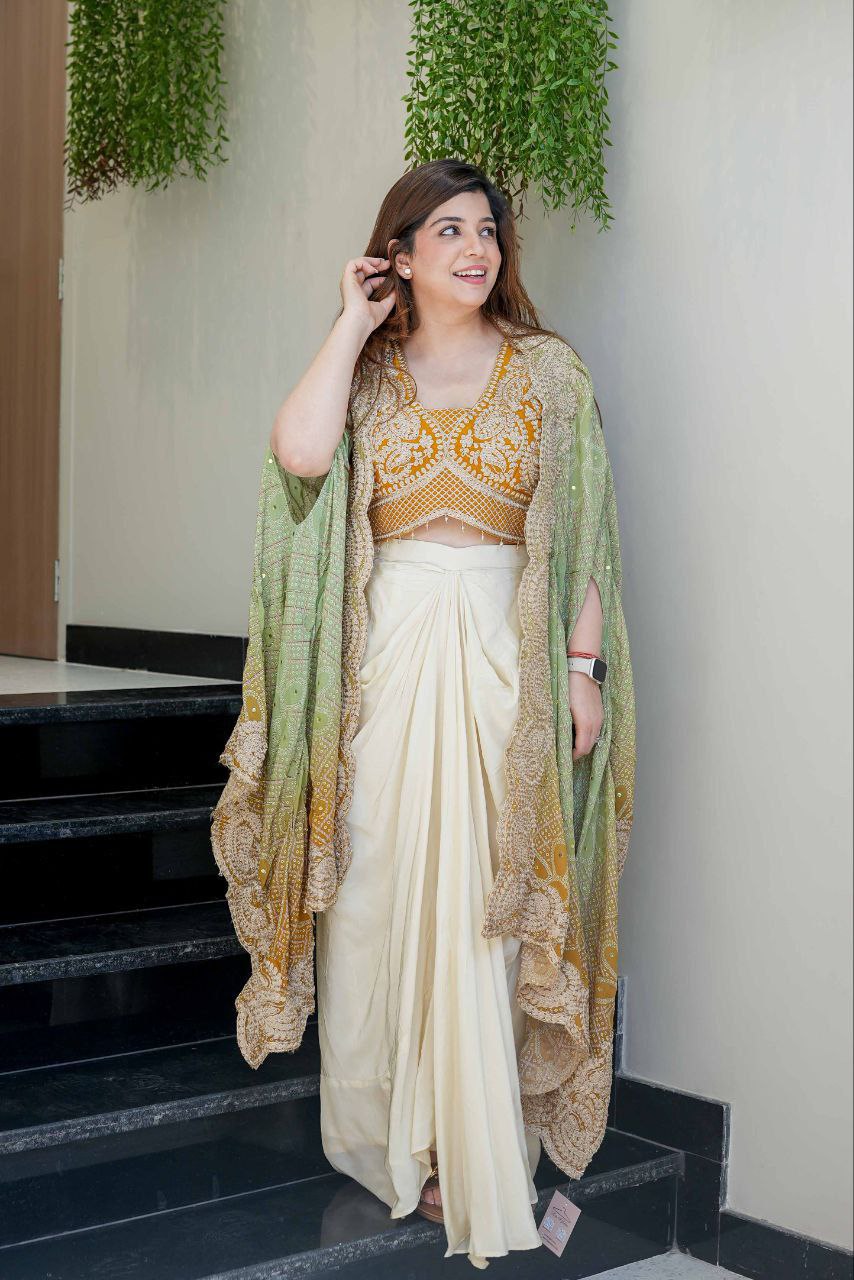 Festive Indo-Western Saree Gown Set with Dupatta