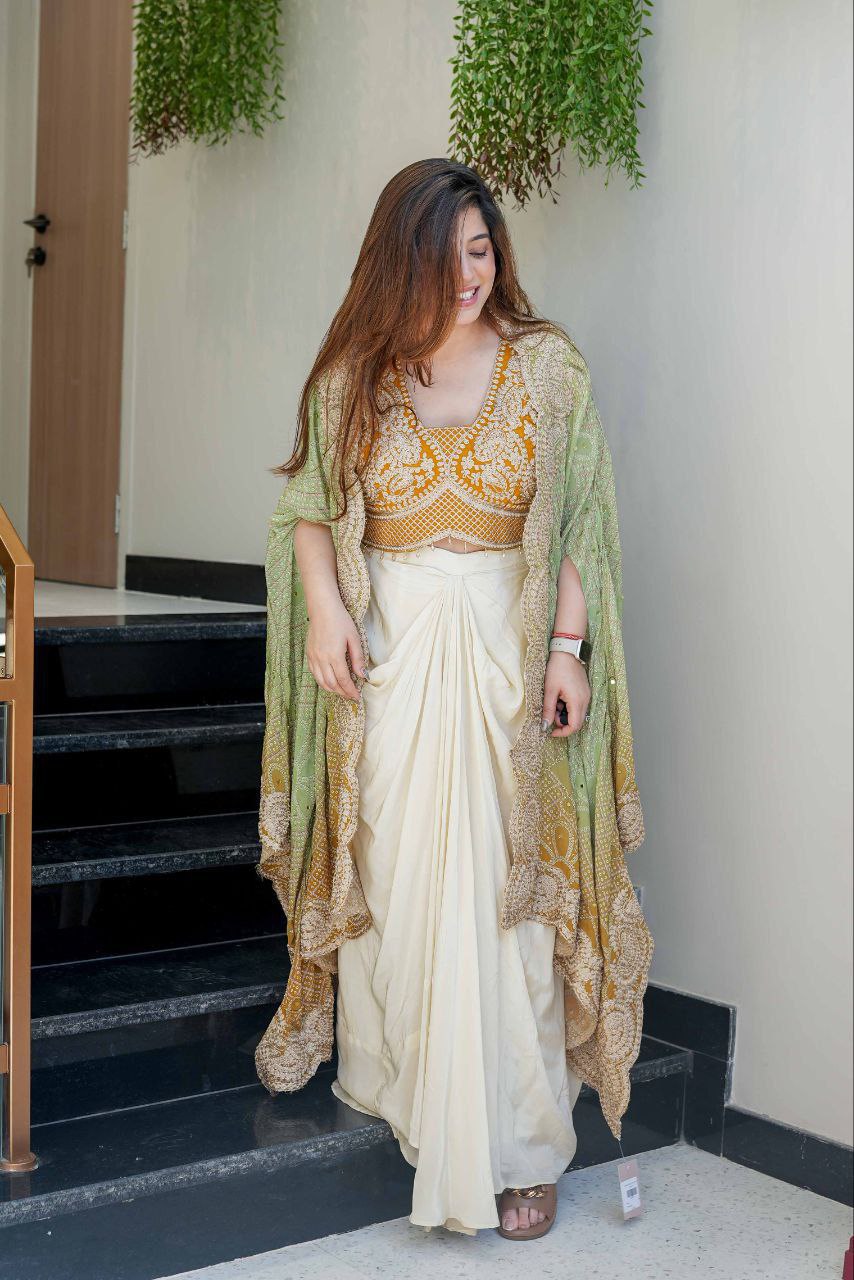 Festive Indo-Western Saree Gown Set with Dupatta