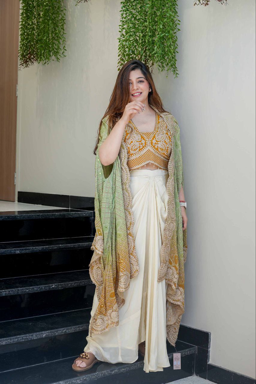 Festive Indo-Western Saree Gown Set with Dupatta