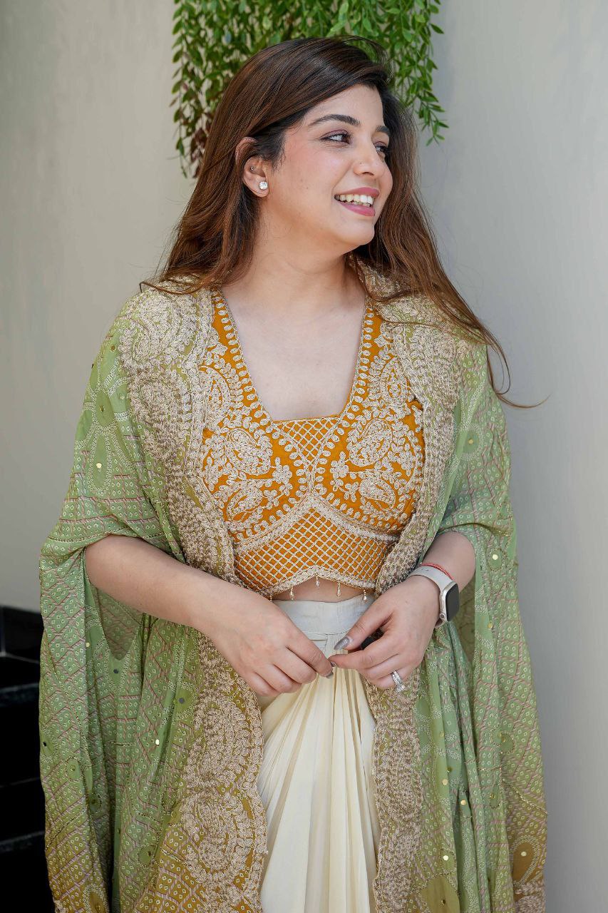 Festive Indo-Western Saree Gown Set with Dupatta