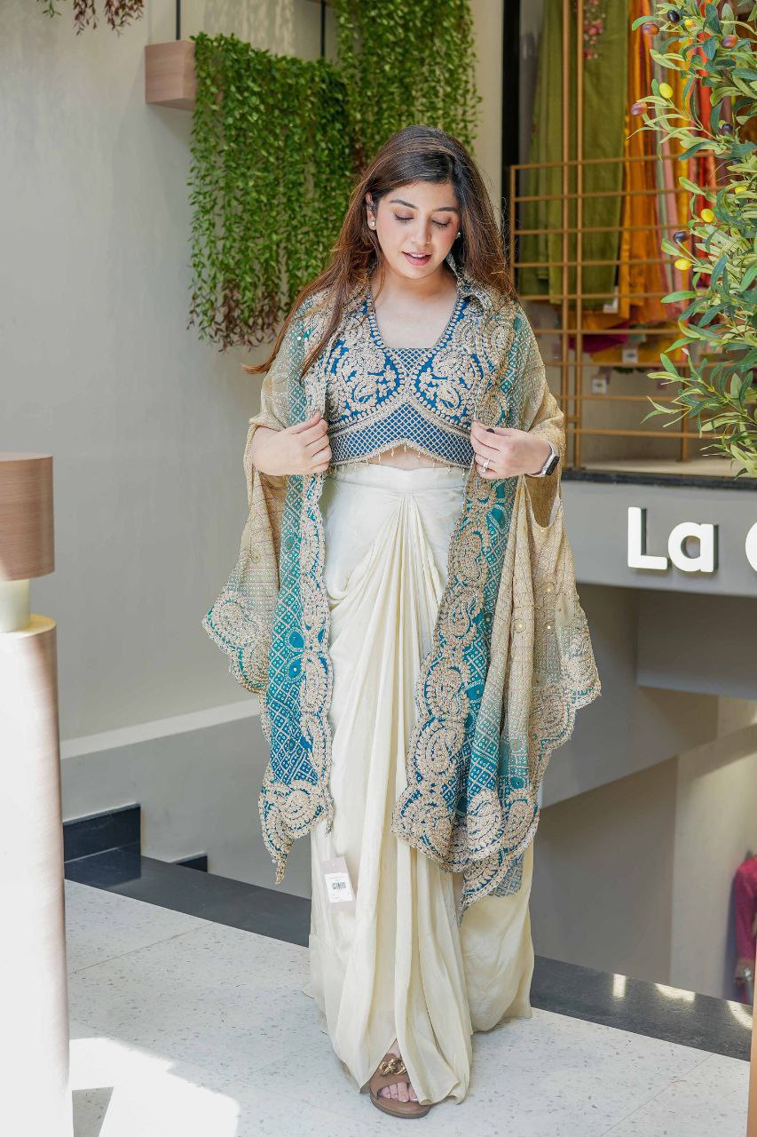 Party Wear Designer Draped Saree Set with Blouse