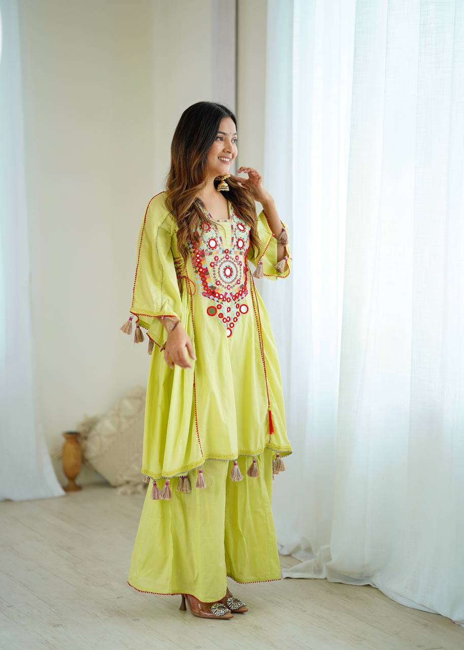 Lime Yellow Khadi Cotton Mirror Work Co-ord Set