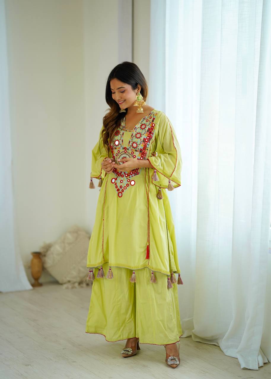 Lime Yellow Khadi Cotton Mirror Work Co-ord Set