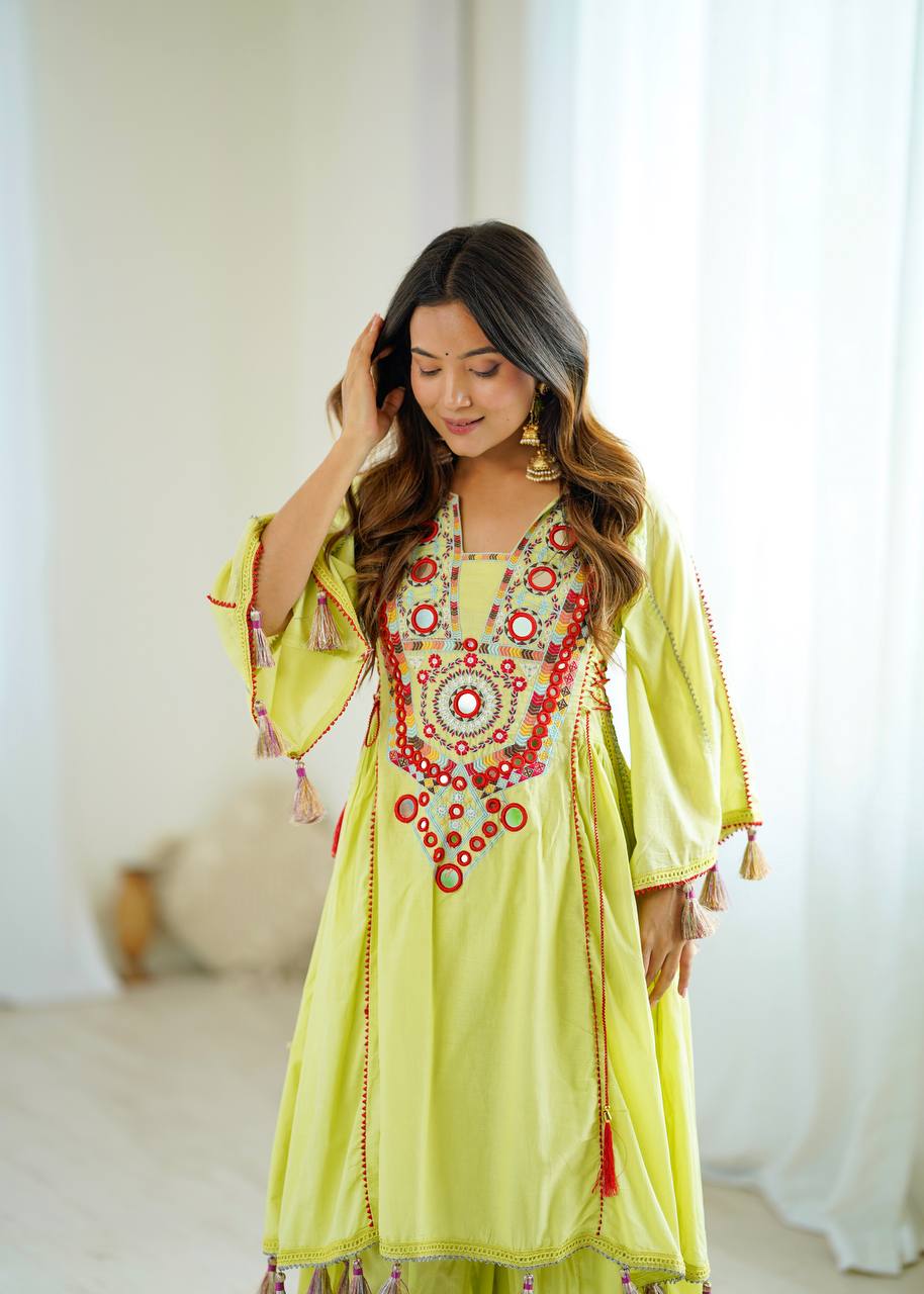 Lime Yellow Khadi Cotton Mirror Work Co-ord Set