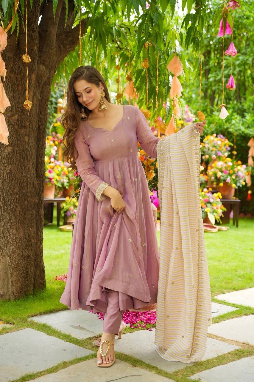 Mauve Pink Embroidered Faux Georgette Suit Set