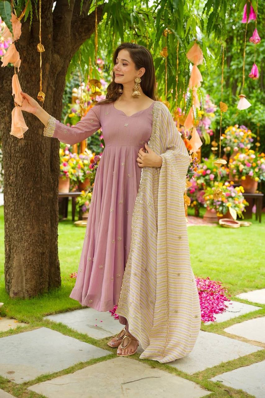 Mauve Pink Embroidered Faux Georgette Suit Set