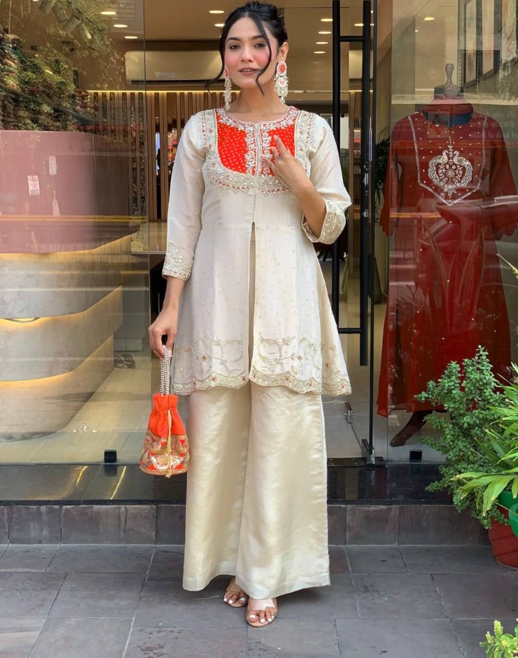 Elegant Cream & Orenge Glass Tissue Suit Set