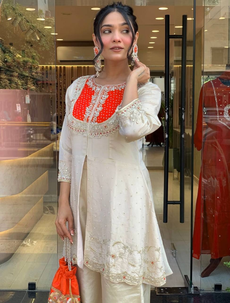 Elegant Cream & Orenge Glass Tissue Suit Set