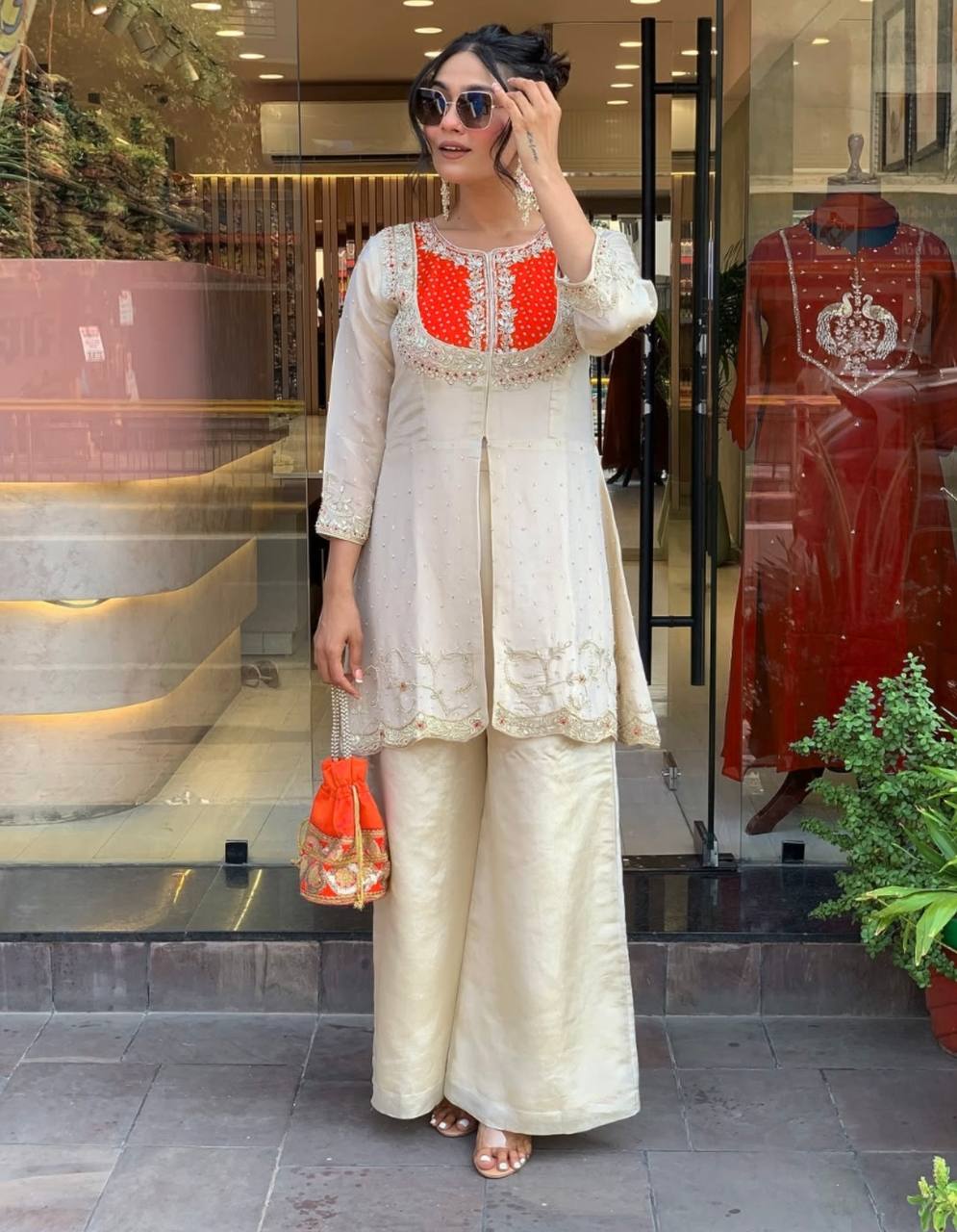 Elegant Cream & Orenge Glass Tissue Suit Set