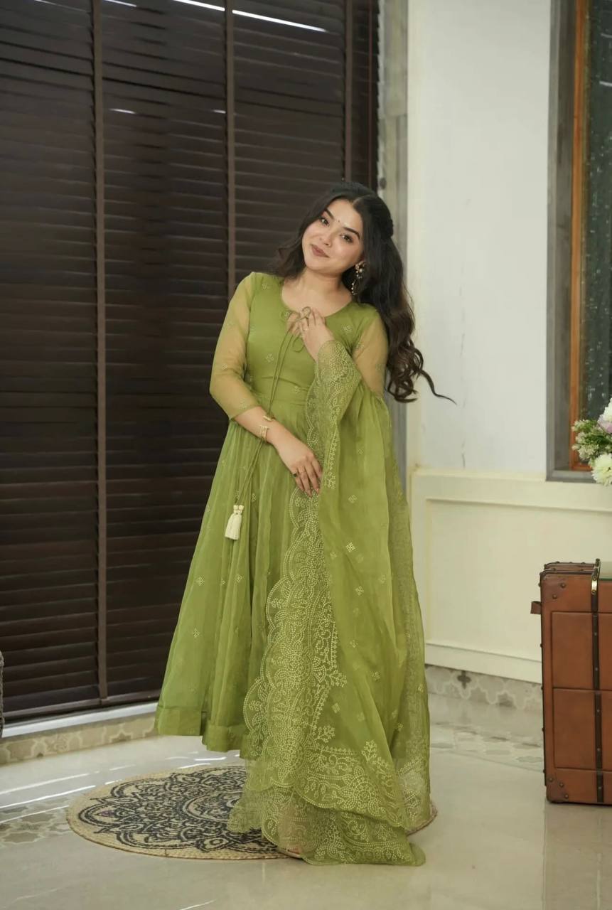 Olive Green Embroidered Faux Georgette Anarkali Set