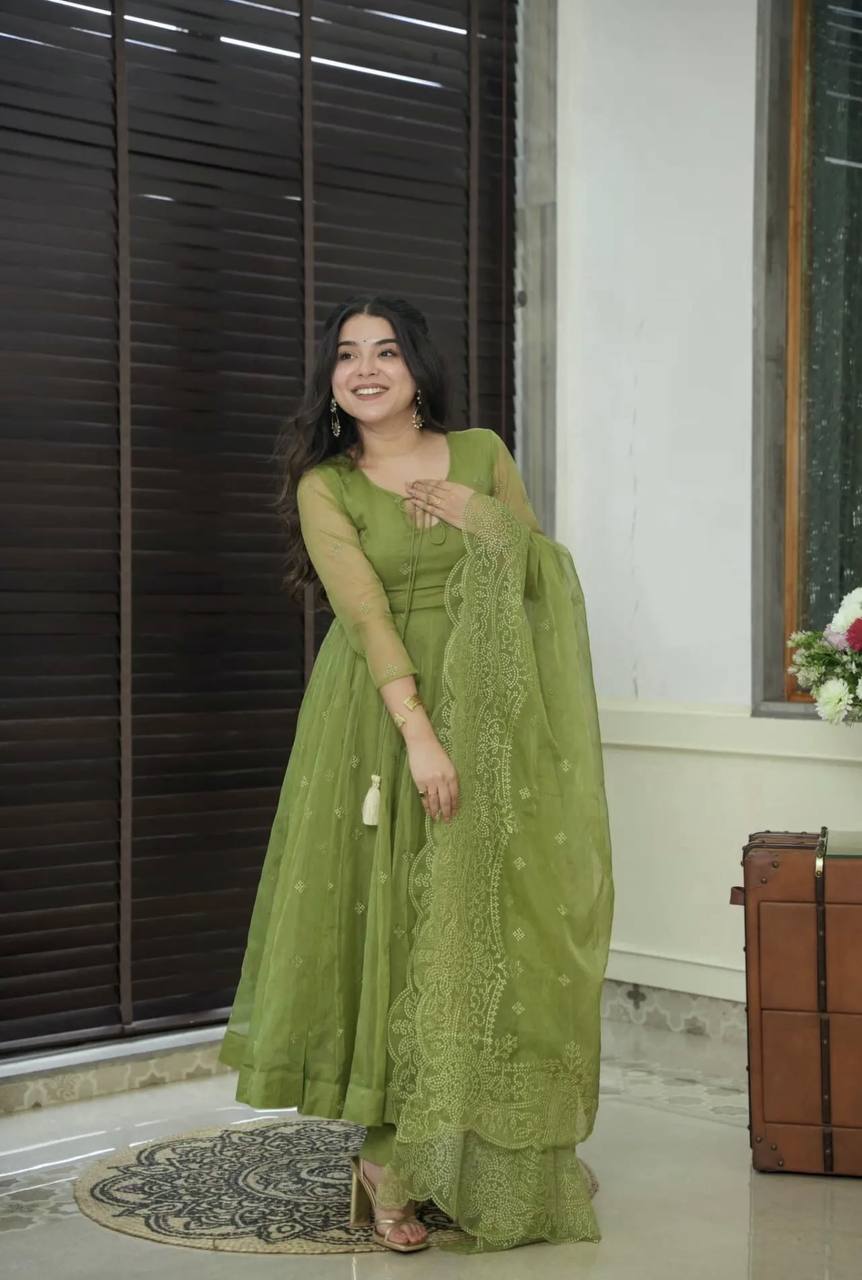 Olive Green Embroidered Faux Georgette Anarkali Set