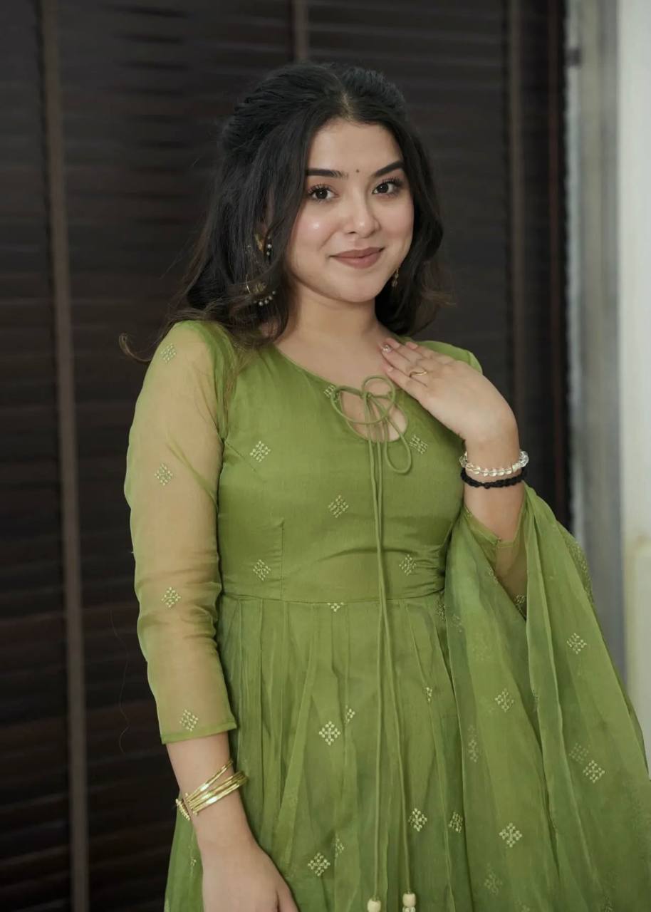 Olive Green Embroidered Faux Georgette Anarkali Set