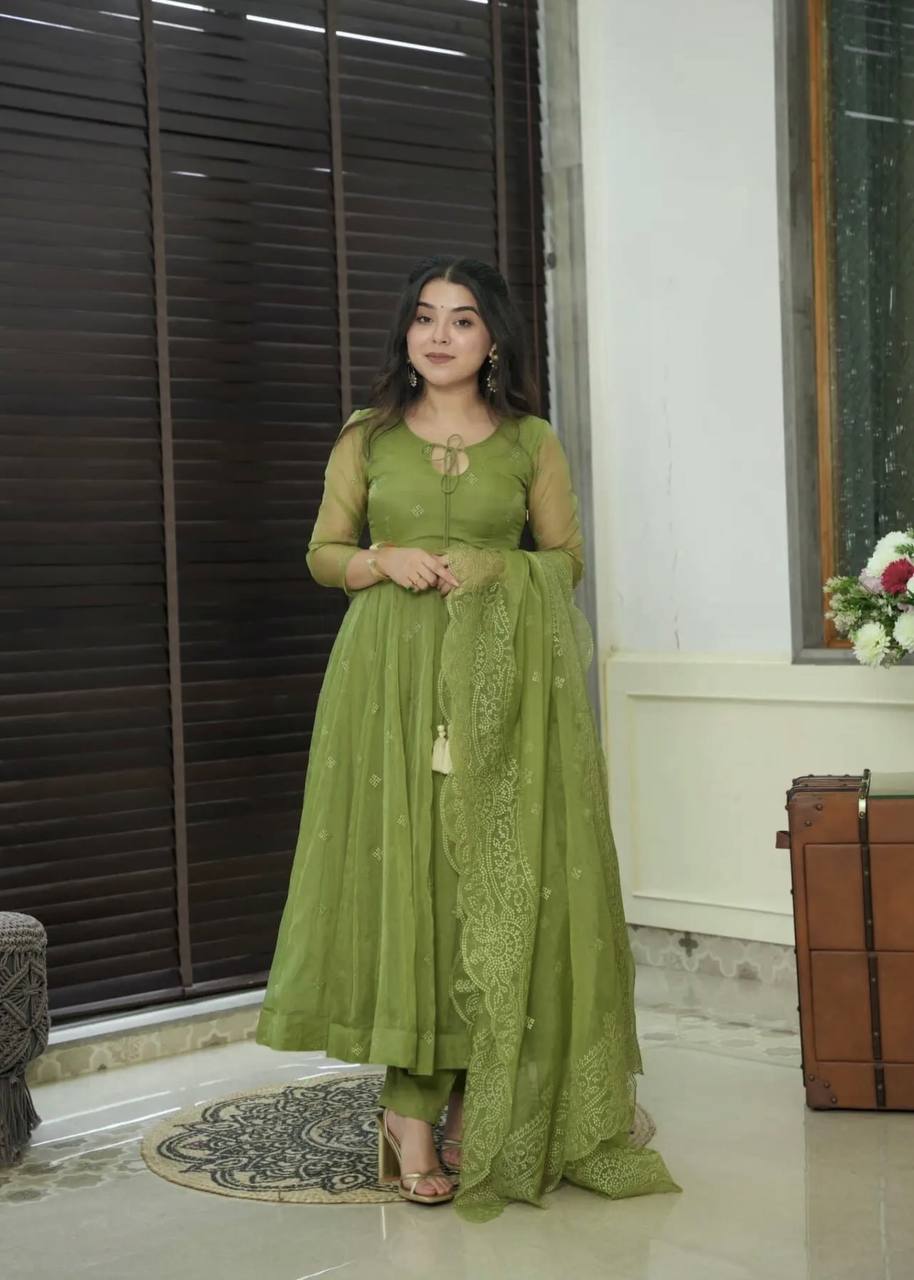 Olive Green Embroidered Faux Georgette Anarkali Set