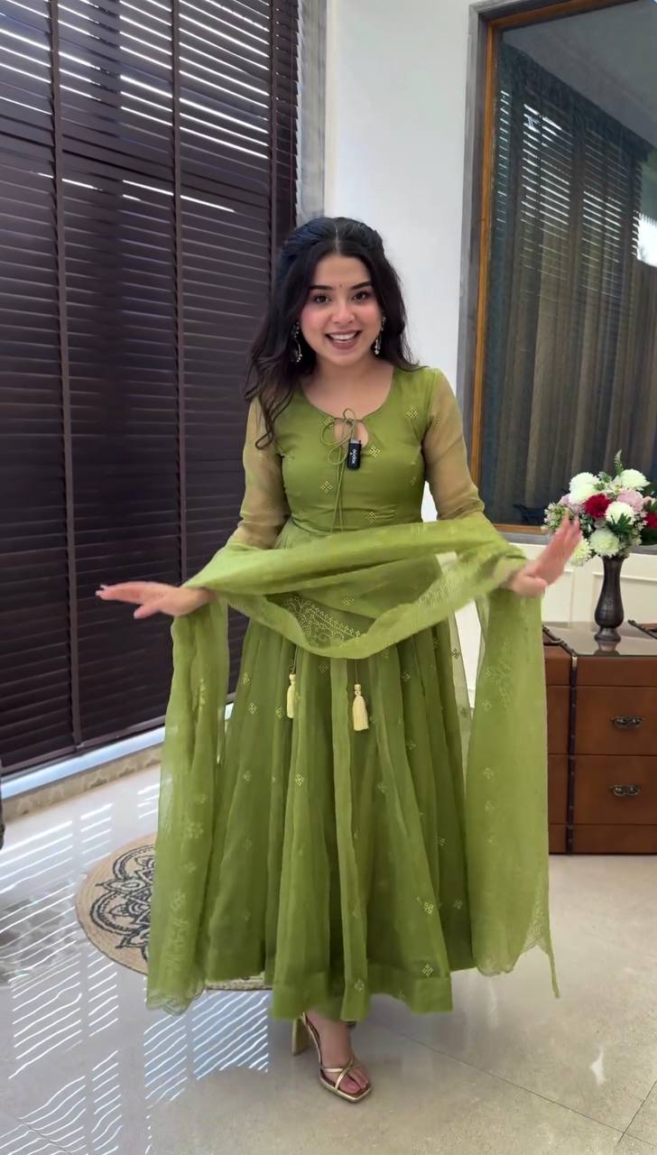 Olive Green Embroidered Faux Georgette Anarkali Set
