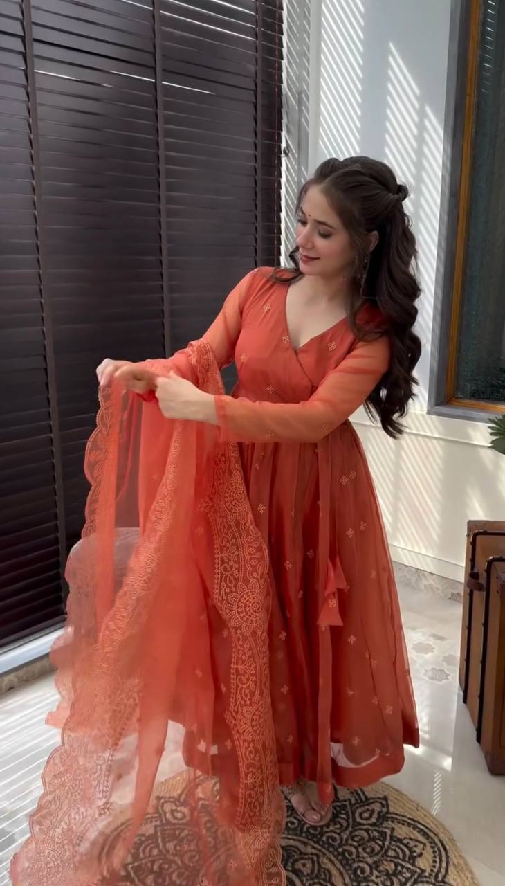 Peach Orange Embroidered Faux Georgette Anarkali Set