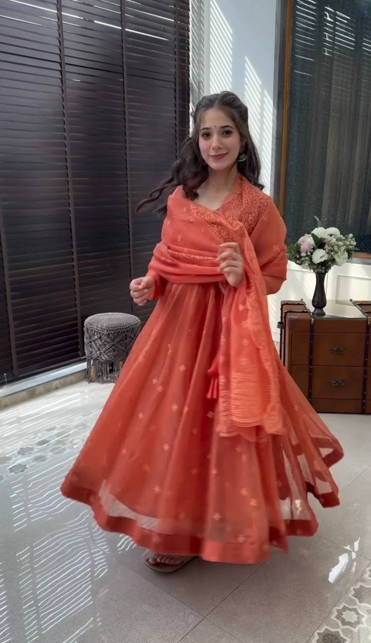 Peach Orange Embroidered Faux Georgette Anarkali Set