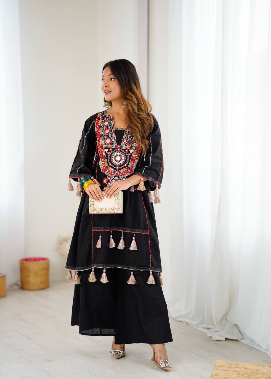 Black Khadi Cotton Mirror Work Co-ord Set