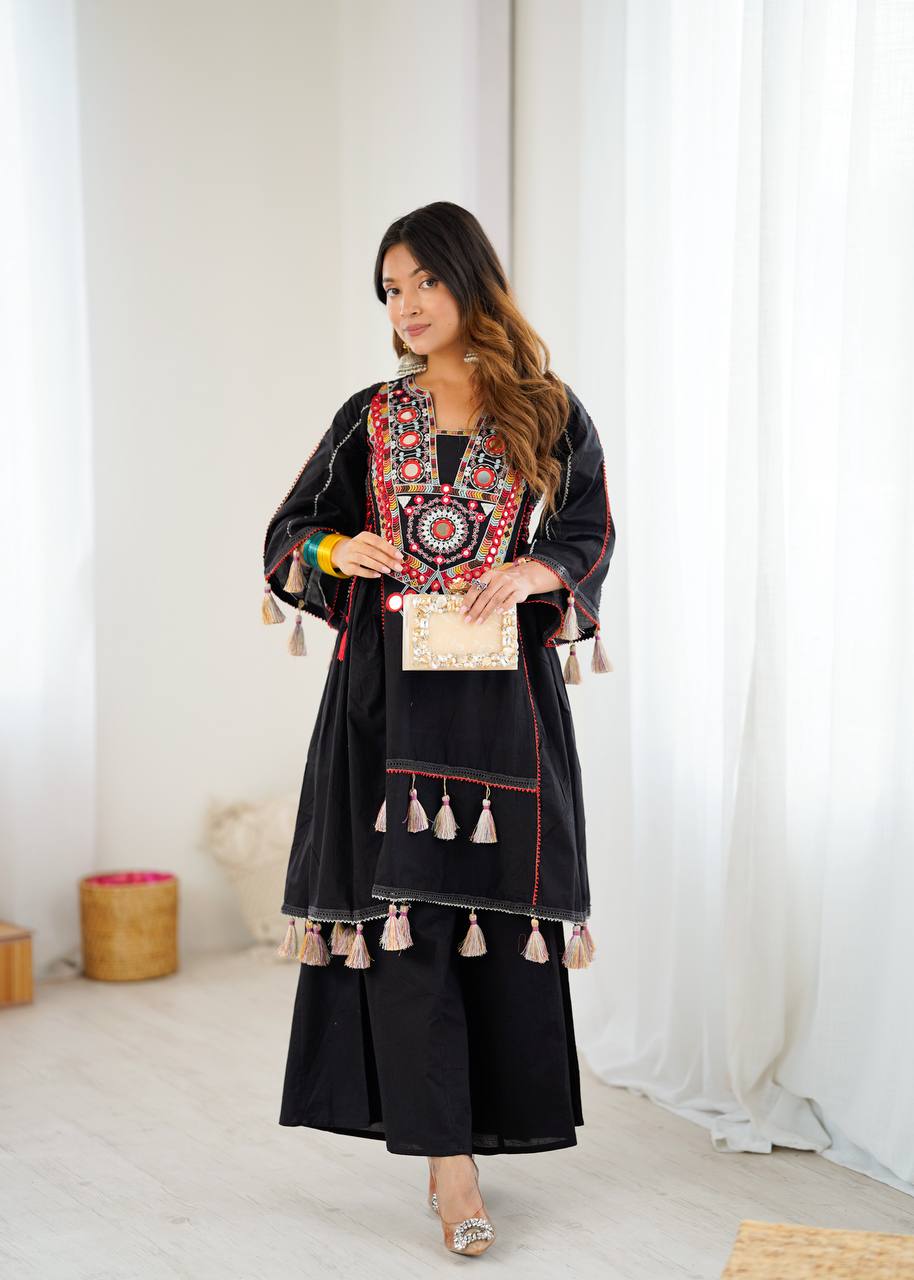 Black Khadi Cotton Mirror Work Co-ord Set