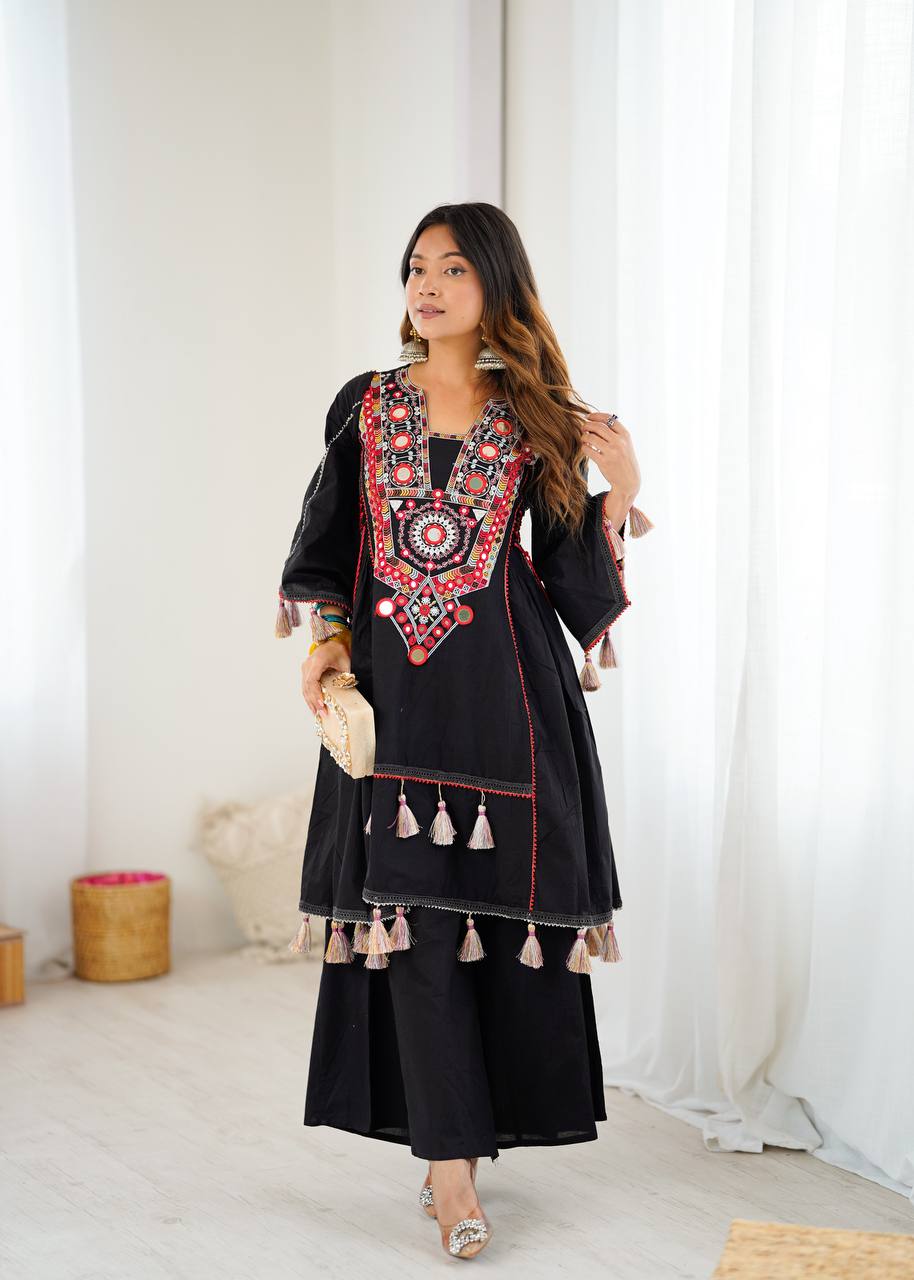 Black Khadi Cotton Mirror Work Co-ord Set