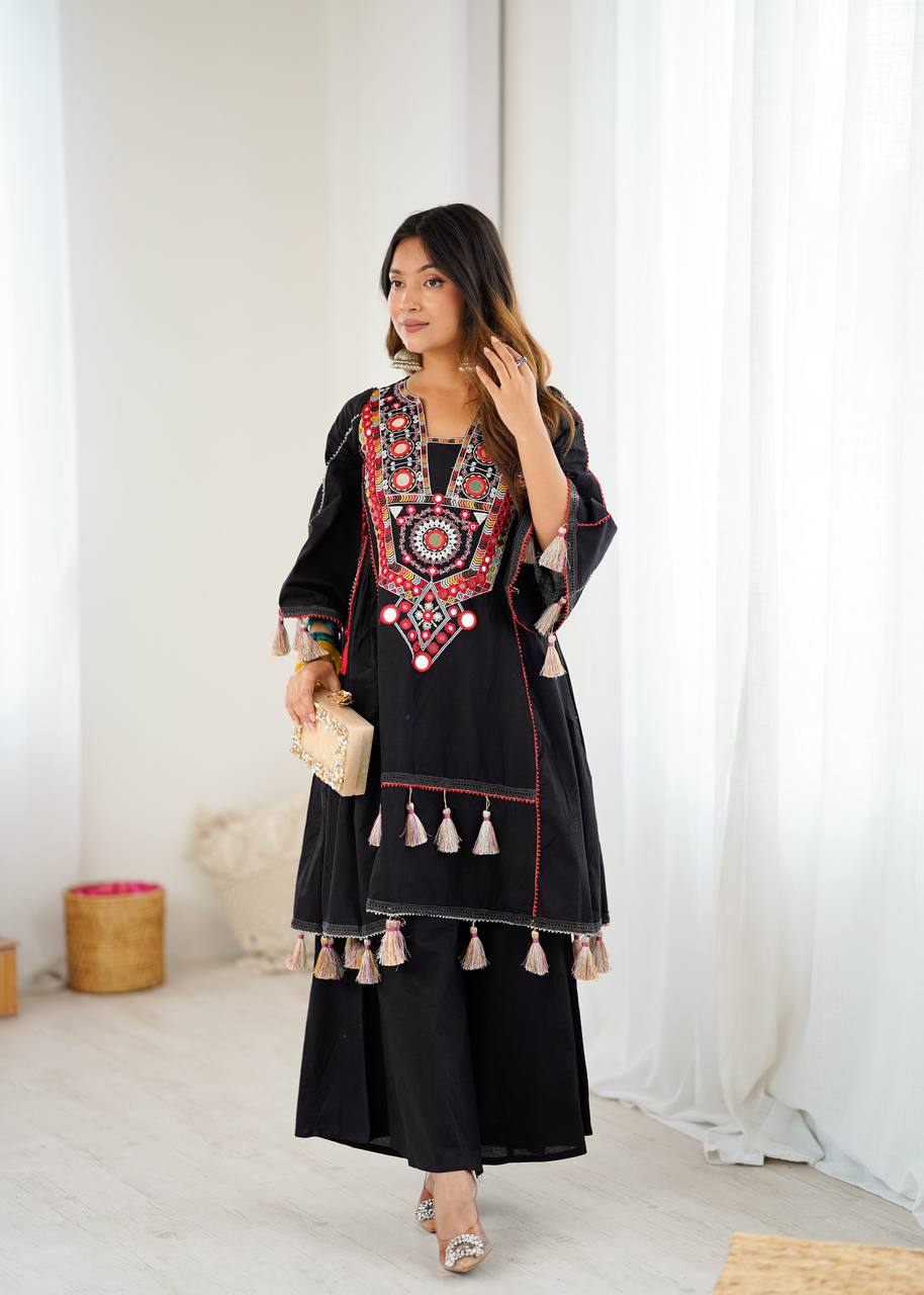 Black Khadi Cotton Mirror Work Co-ord Set