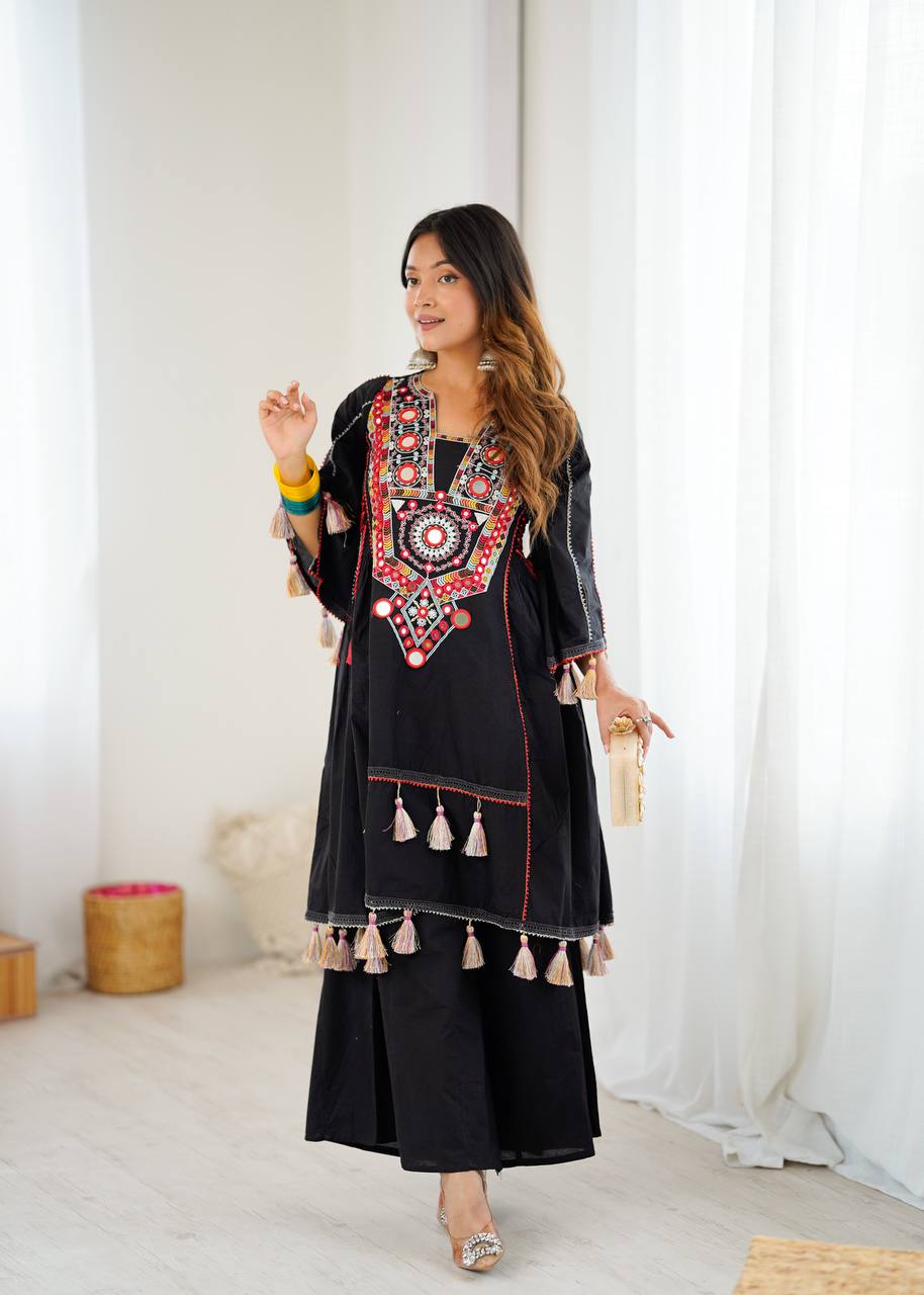 Black Khadi Cotton Mirror Work Co-ord Set