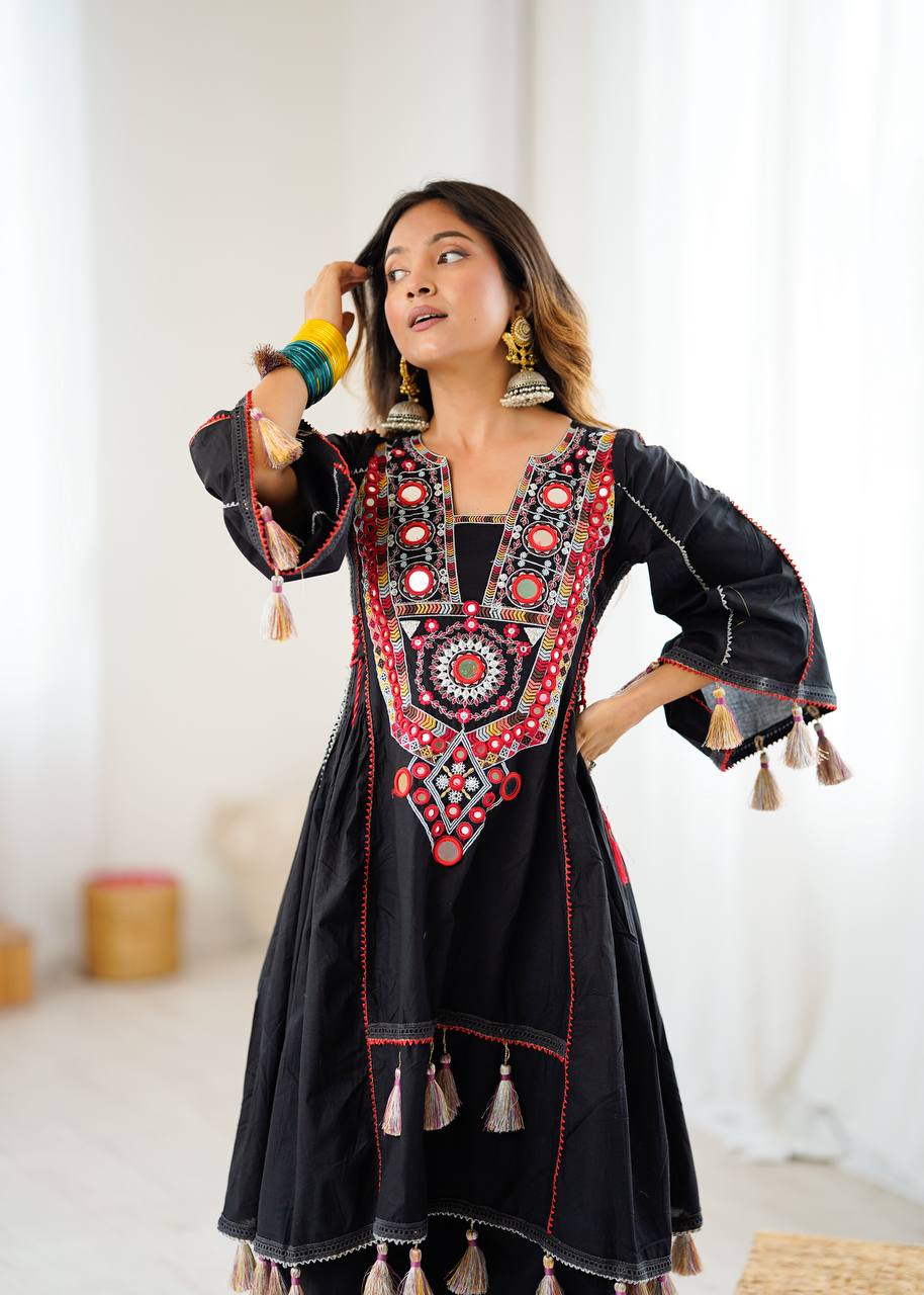 Black Khadi Cotton Mirror Work Co-ord Set