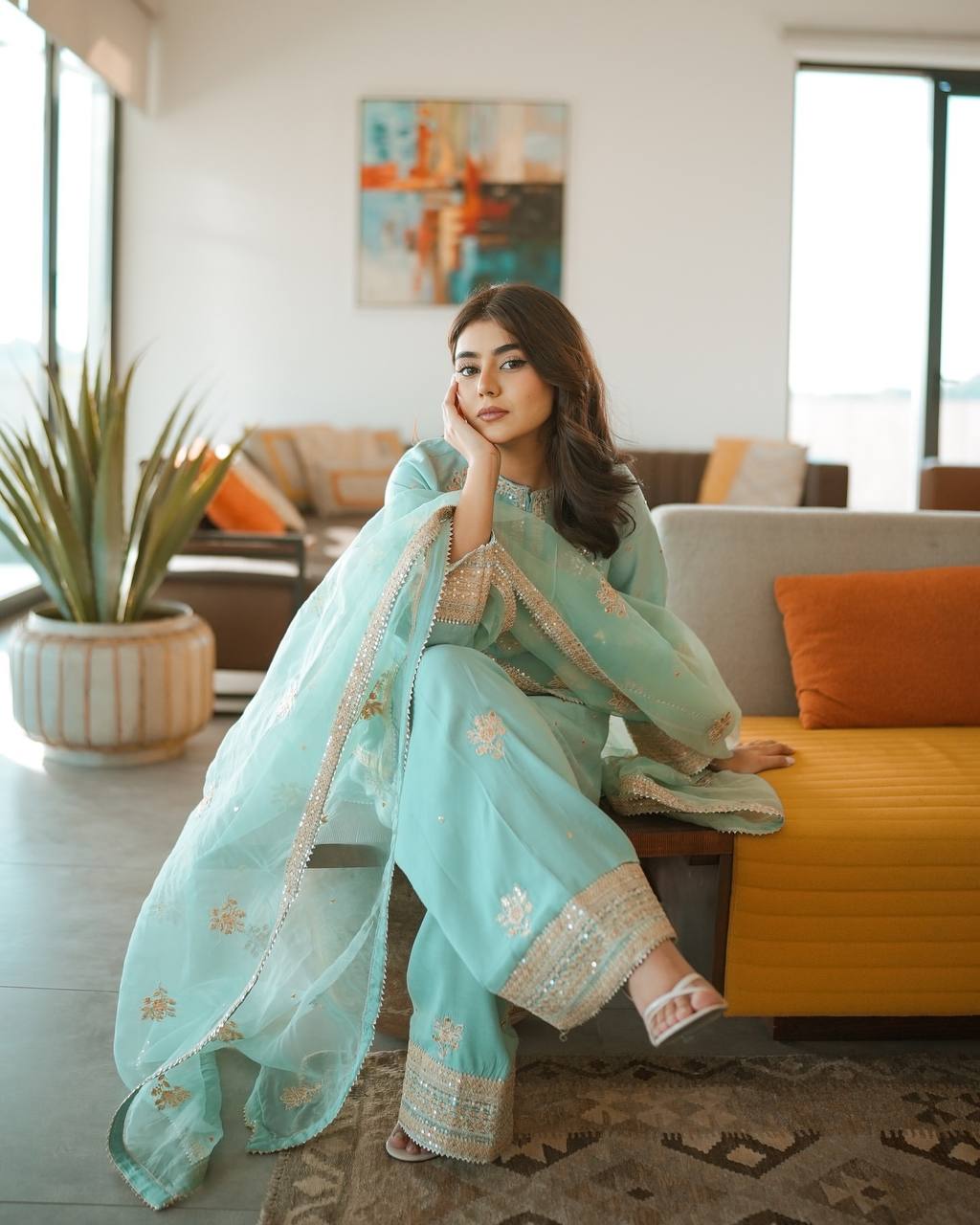 Aqua Blue Chinnon Silk Embroidered Suit Set