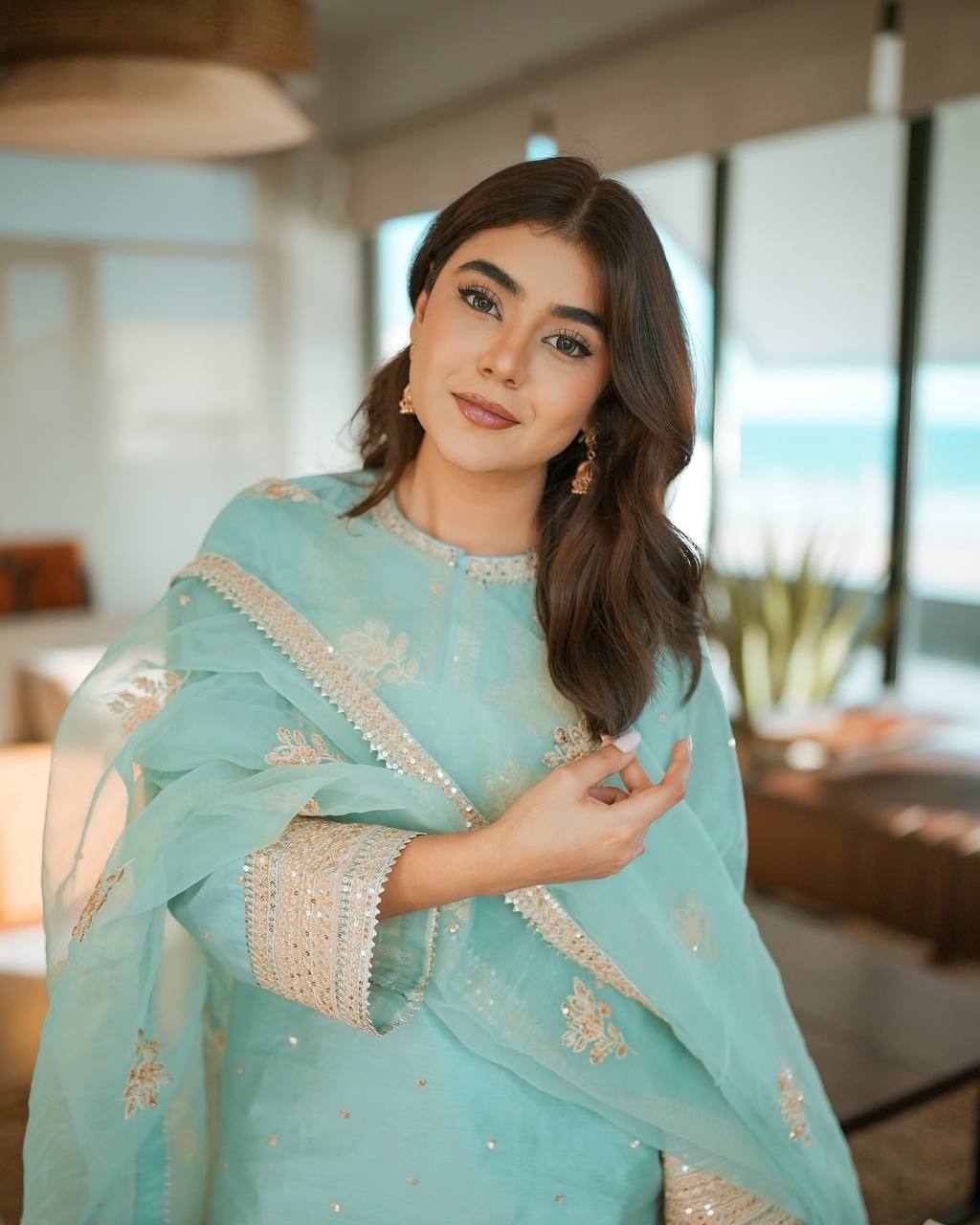 Aqua Blue Chinnon Silk Embroidered Suit Set