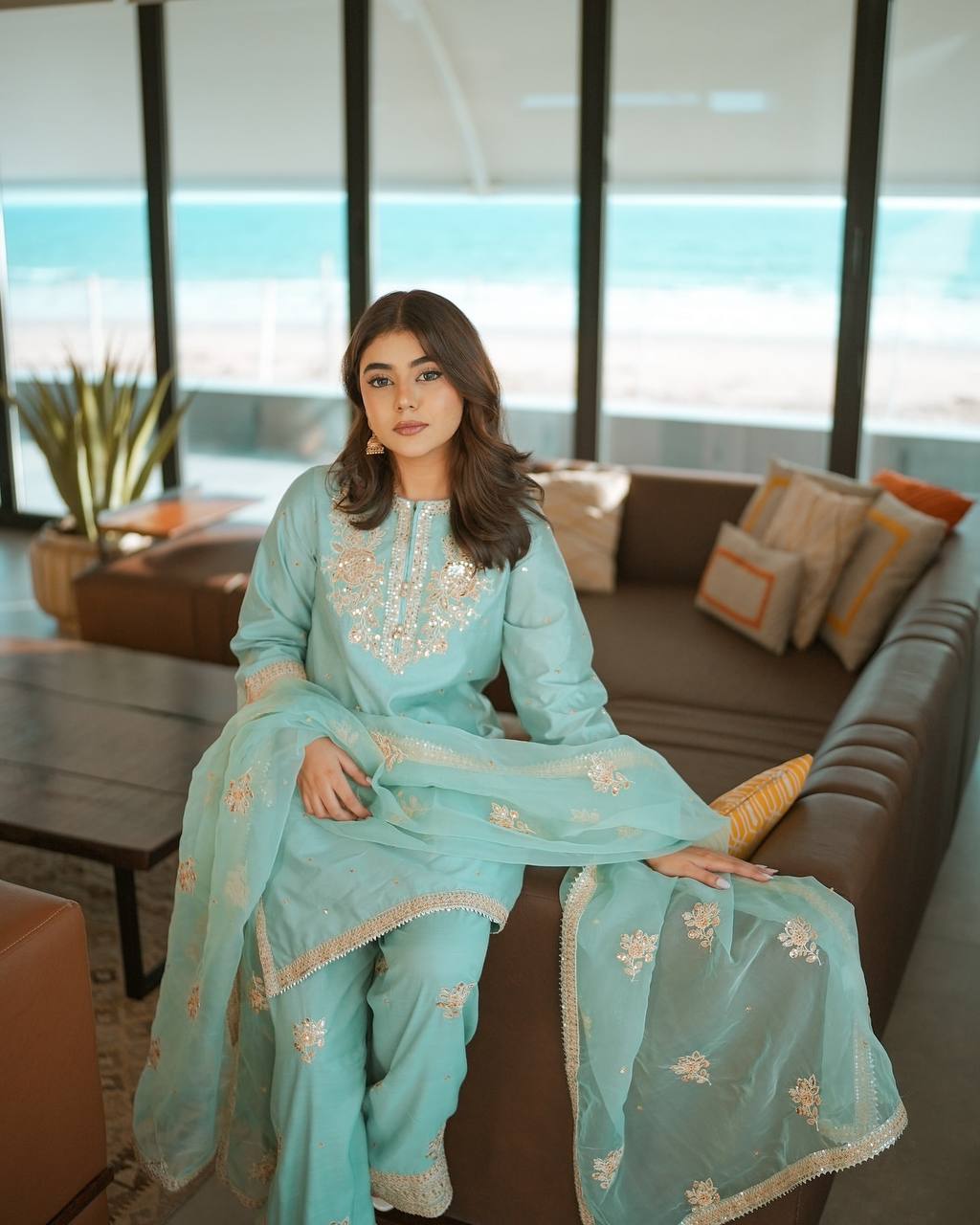 Aqua Blue Chinnon Silk Embroidered Suit Set