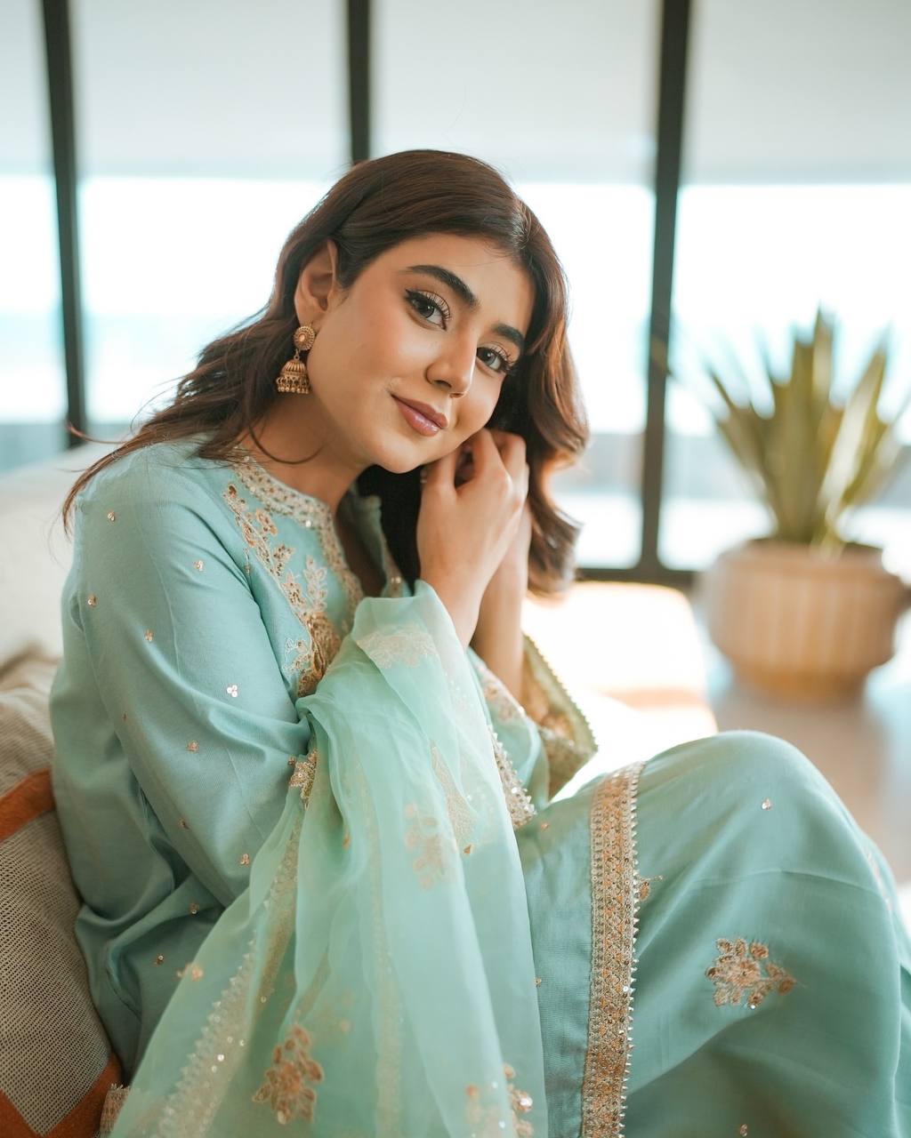 Aqua Blue Chinnon Silk Embroidered Suit Set