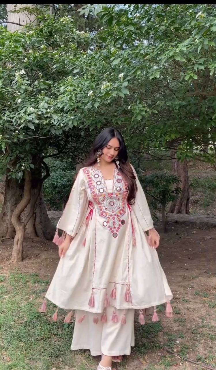 Cream & Pink Khadi Cotton Mirror Work Co-ord Set