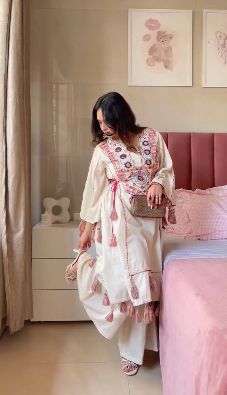 Cream & Pink Khadi Cotton Mirror Work Co-ord Set