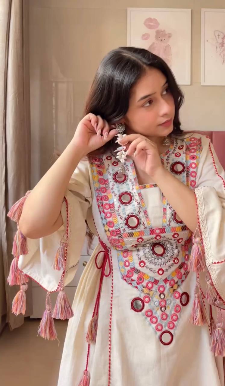 Cream & Pink Khadi Cotton Mirror Work Co-ord Set