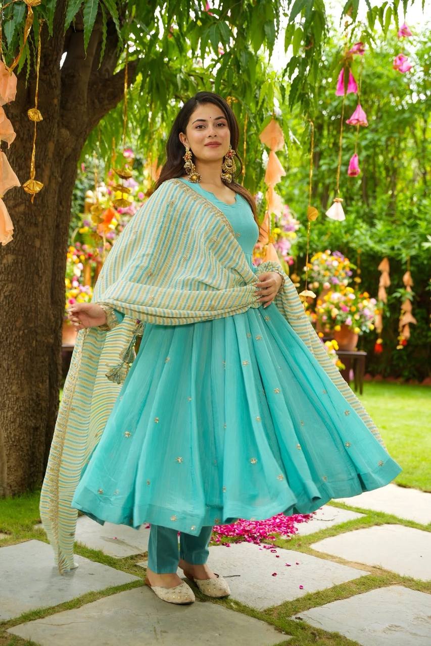 Sky Blue Embroidered Faux Georgette Suit Set