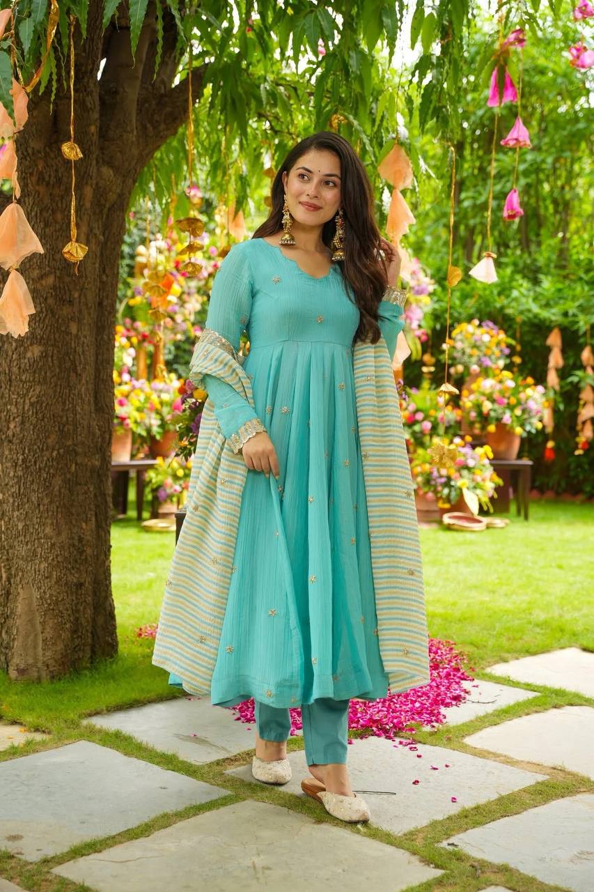 Sky Blue Embroidered Faux Georgette Suit Set