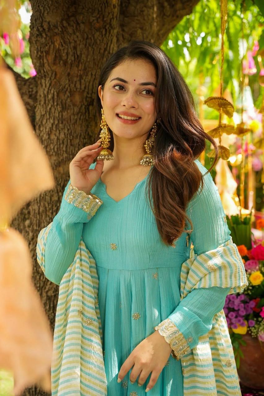 Sky Blue Embroidered Faux Georgette Suit Set