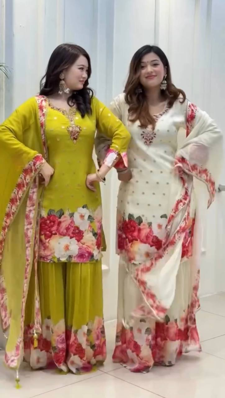 Floral Embroidered Faux Georgette Sharara Suit Set