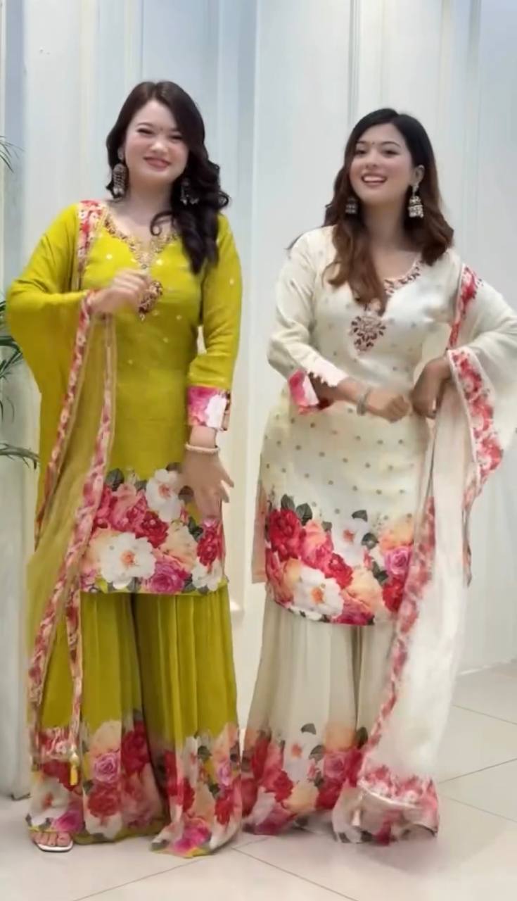 Floral Embroidered Faux Georgette Sharara Suit Set