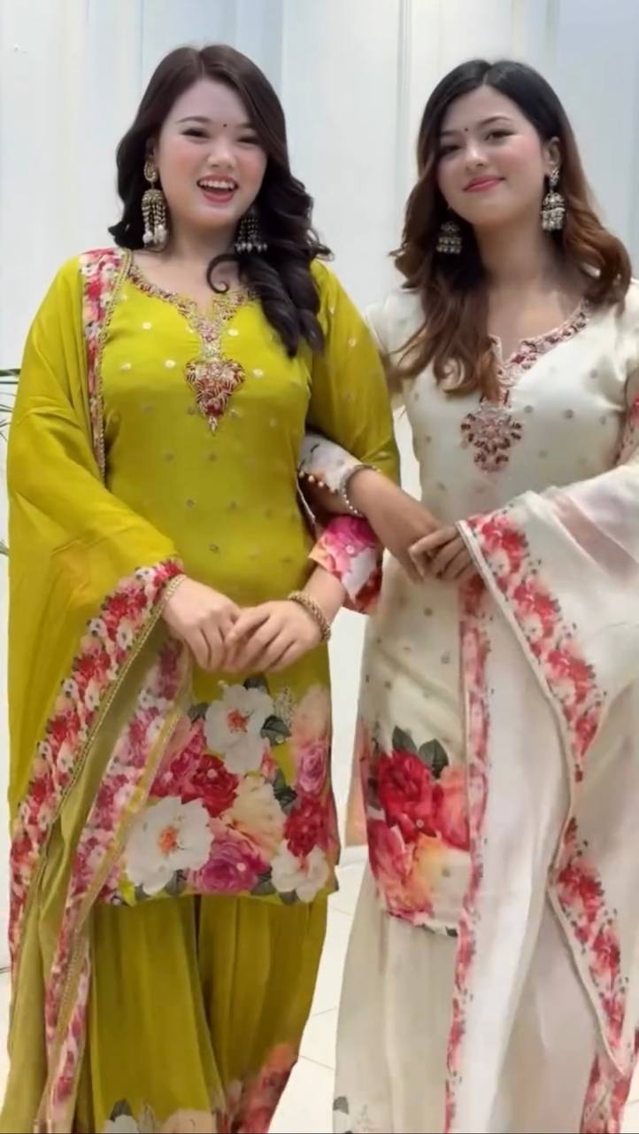 Floral Embroidered Faux Georgette Sharara Suit Set