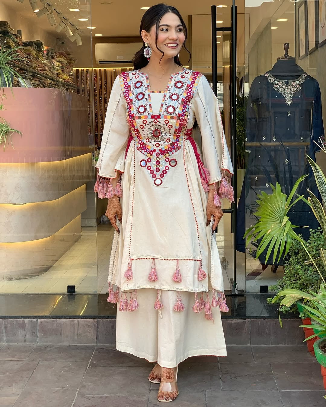 Cream & Pink Khadi Cotton Mirror Work Co-ord Set