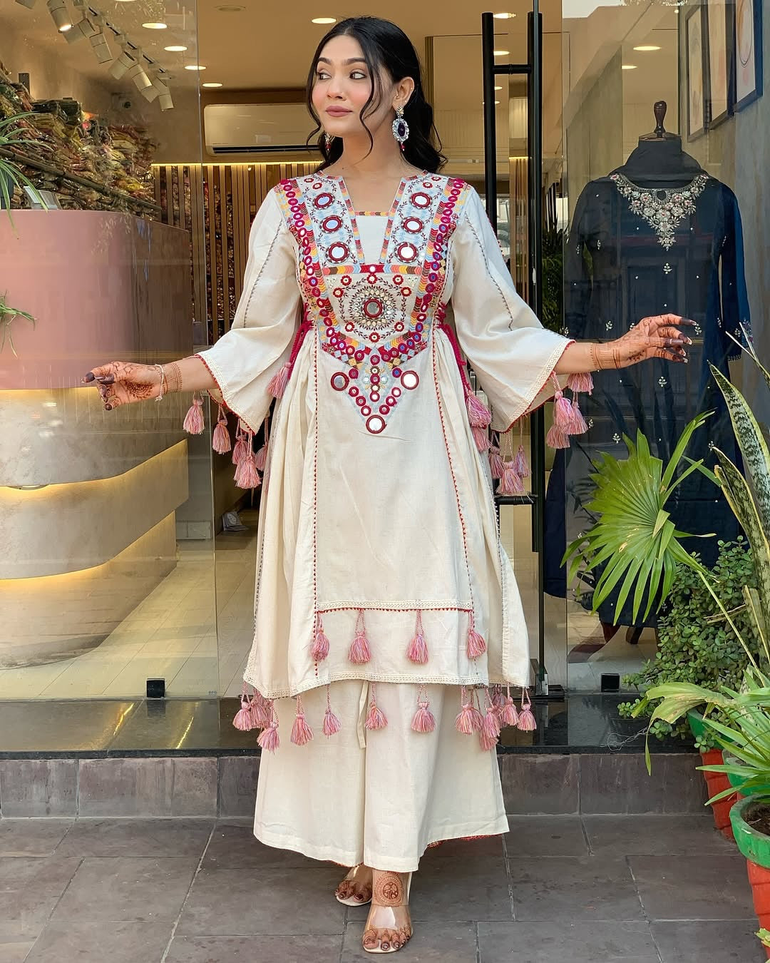 Cream & Pink Khadi Cotton Mirror Work Co-ord Set